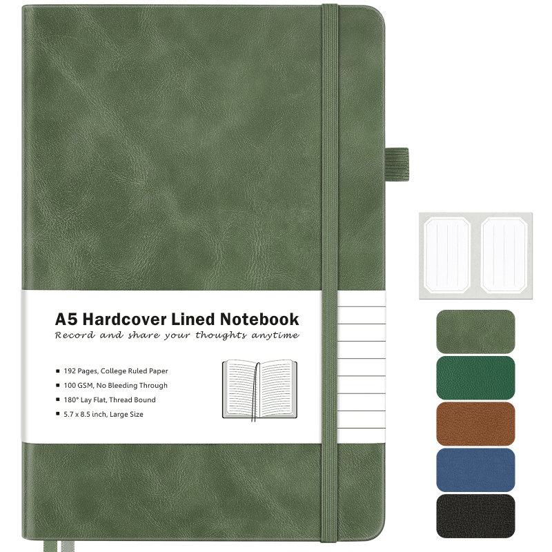 A5 Leather Notebook with 192 Pages - College Ruled Hardcover Journal for Men & Women