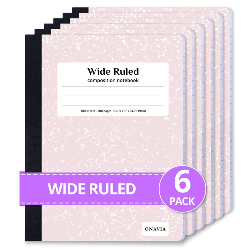 Wide Ruled Composition Notebook 6 Pack - Hard Cover Bulk Set, 200 Pages