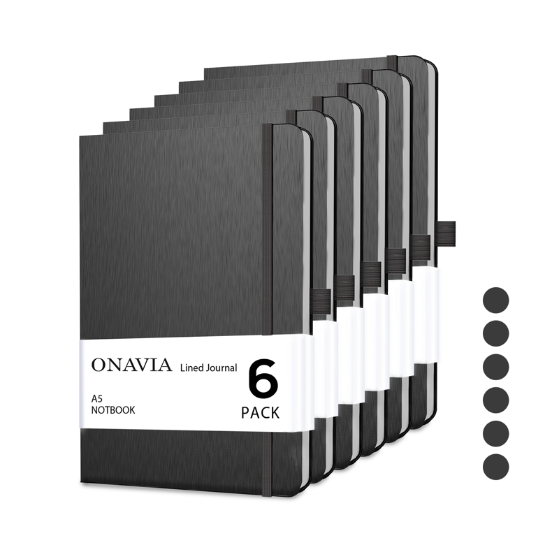 A5 Hardcover Lined Journal Notebook 6 Pack - College Ruled, 160 Pages, Black