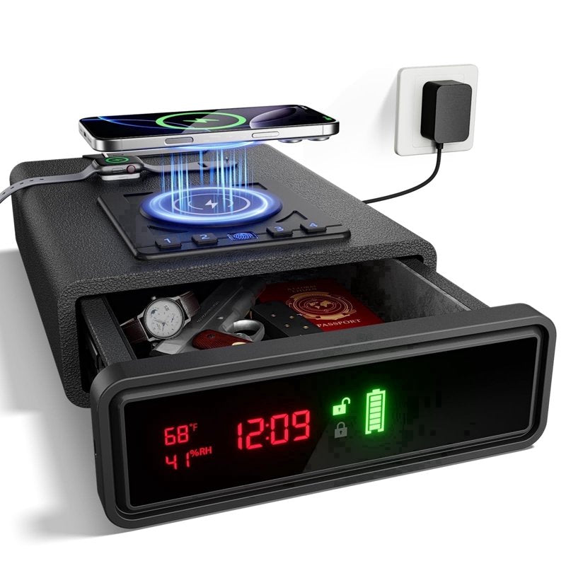 Biometric Smart Safe with Wireless Charging and Digital Clock - Compact Security Box
