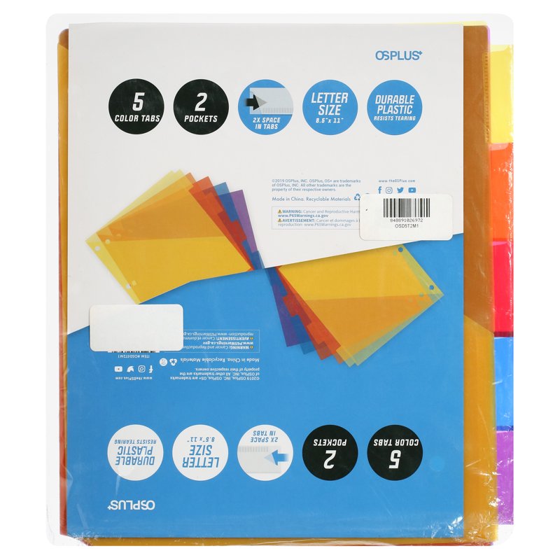 Plastic Binder Dividers with 2 Pockets & Big Insert Tabs - Letter Size, Durable Set