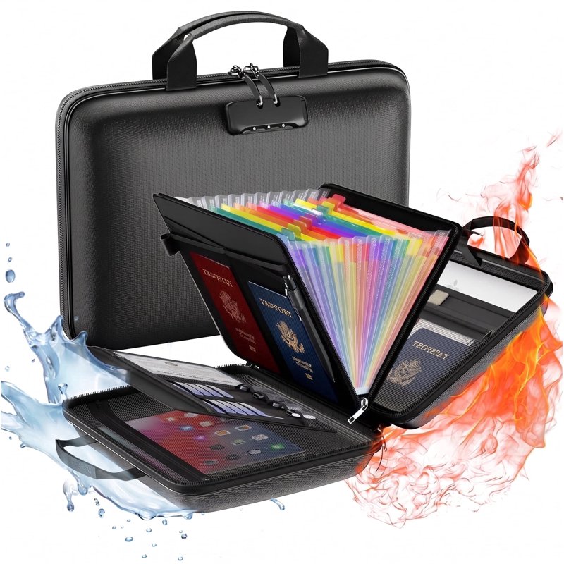 Fireproof Document Organizer with Lock and Accordion File - Hard Shell Safe Storage