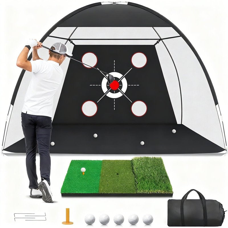 Golf Net with Practice Mat - 10x7ft Hitting Net for Backyard Driving, Chipping and Swing Training