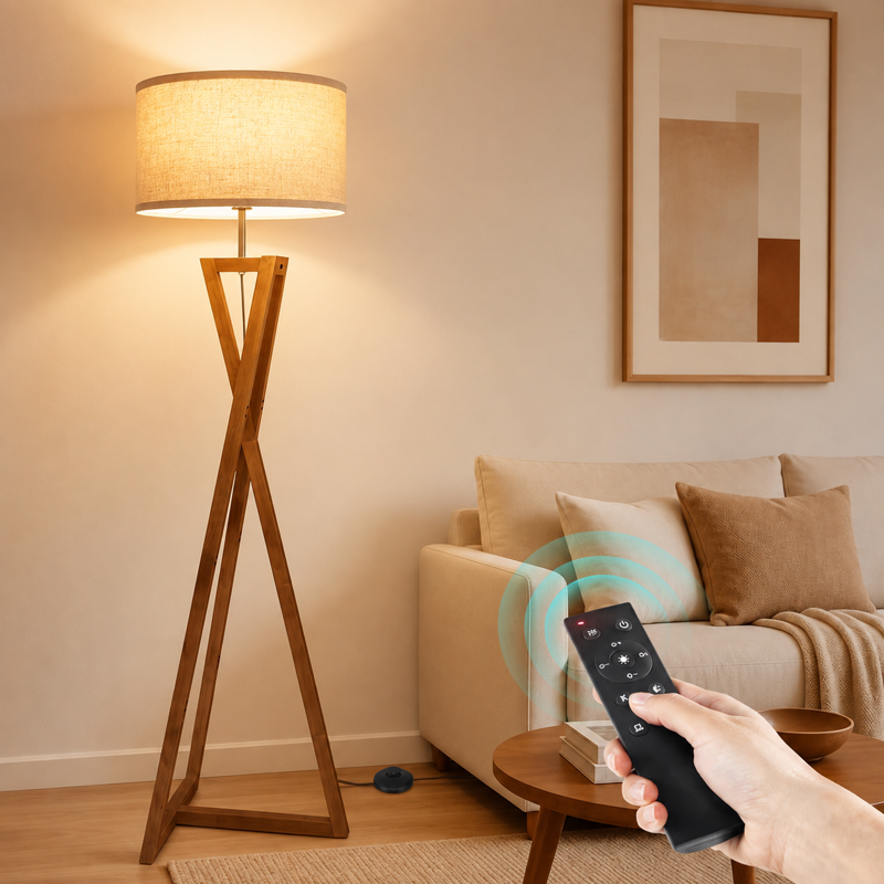 Wood Tripod Floor Lamp with Shelves, Dimmable Standing Lamp with Remote, Modern Walnut or Black Finish