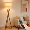 Wood Tripod Floor Lamp with Shelves, Dimmable Standing Lamp with Remote, Modern Walnut or Black Finish