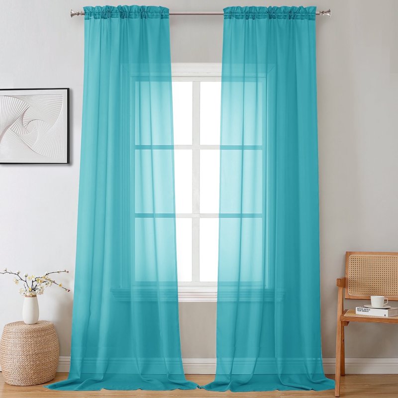 Turquoise Sheer Curtains 2 Pack - Extra Long Light Filtering Voile Window Drapes
