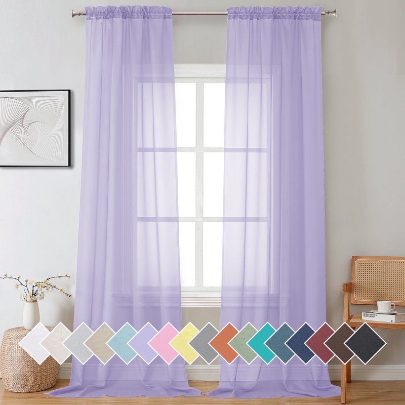 Lavender Sheer Curtains 2 Pack - Light Filtering Voile Panel for Windows & Doors