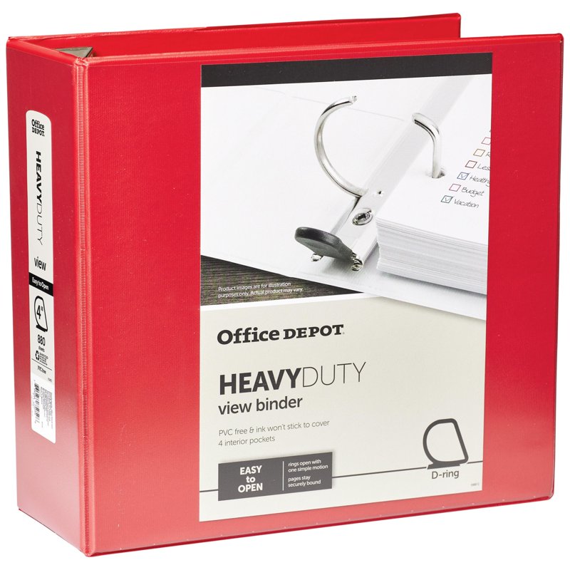 Heavy-Duty 4-Inch D-Ring View Binder - Red, Recycled Content, 760 Sheets