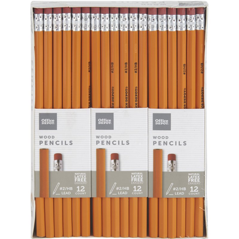 Office Depot HB No. 2 Wooden Pencils Set of 72 - Yellow, Hex Shaped, Eraser Topper