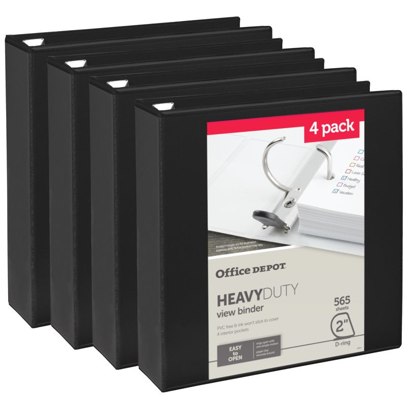 Heavy-Duty 3-Ring Binder 2 Inch Capacity - Black, Pack of 4