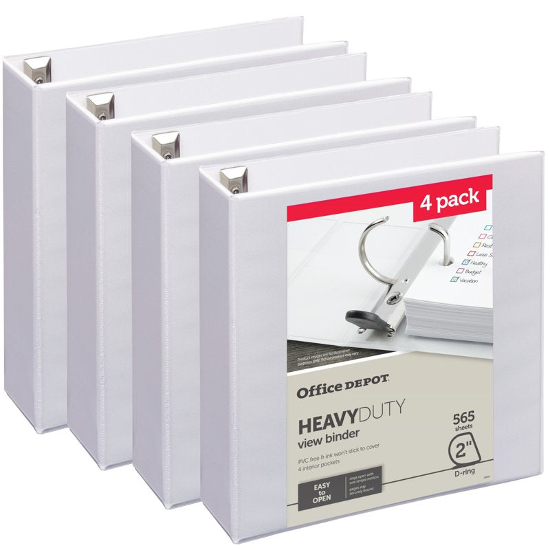 Heavy-Duty 2-Inch D-Ring Binder Pack of 4 - White, Recycled Office Supplies