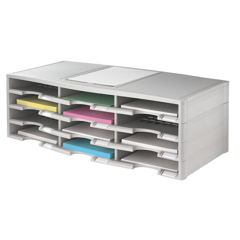 Stackable Plastic Literature Organizer with 12 Compartments and Label Holders - Gray