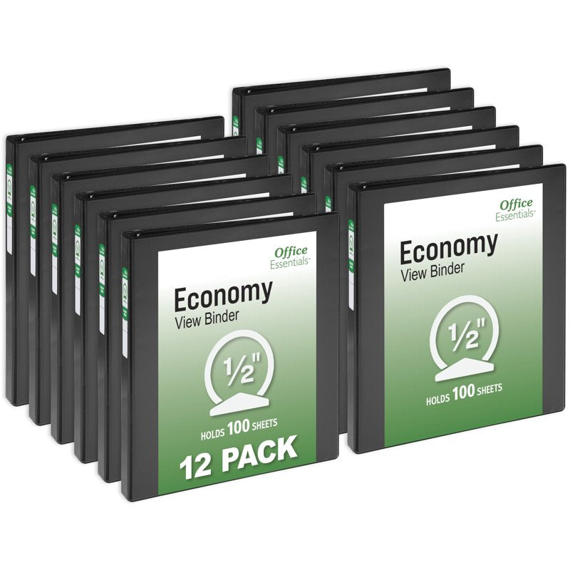 3 Ring Binders with 0.5 Inch Rings, 0.7 Inch Spine, 100-Sheet Capacity, Black – Pack of 12