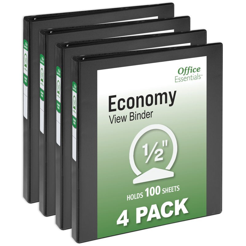 3 Ring Binders 0.5 Inch Capacity Office Supplies 4-Pack Black