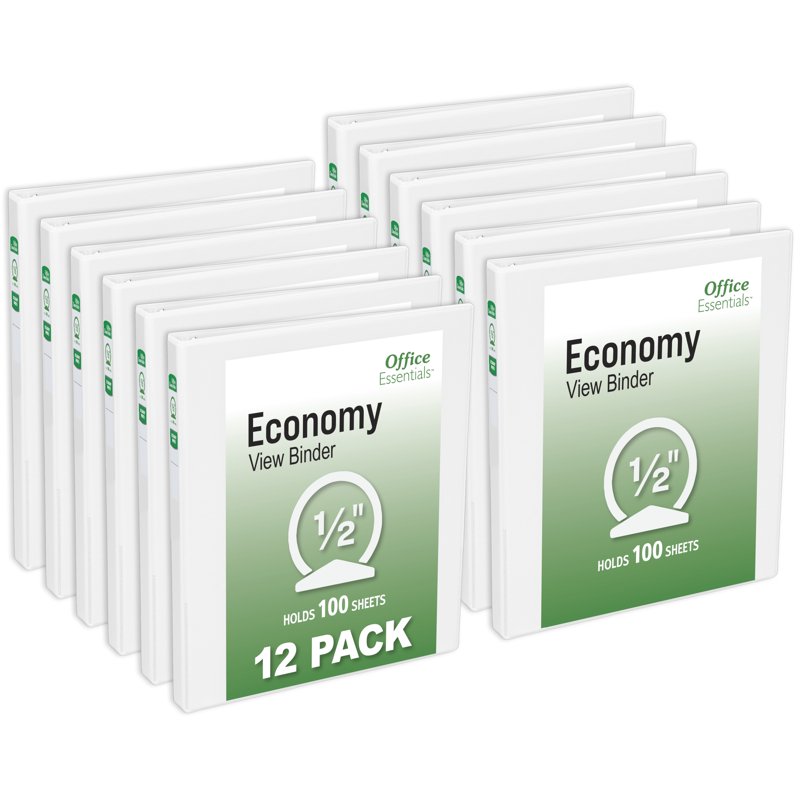 3-Ring Binders with Clear View Spine 0.5 Inch Capacity 12-Pack White Office Supplies