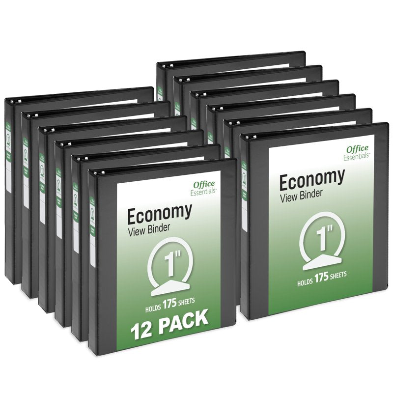 3-Ring Binder Set - 1 Inch Capacity, Black, 12-Pack