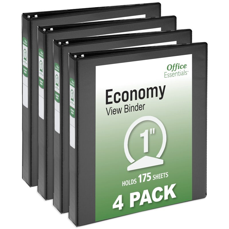 3 Ring Binders - 1 Inch Capacity, Black, 4-Pack, 175 Sheets