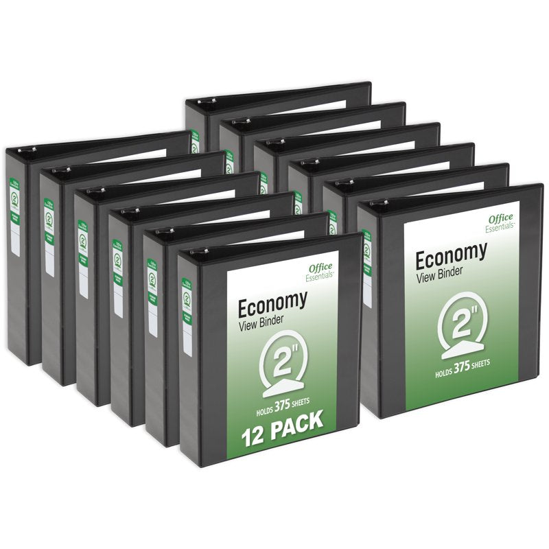 3-Ring Binders with 2" Rings & 375-Sheet Capacity - Black, 12-Pack