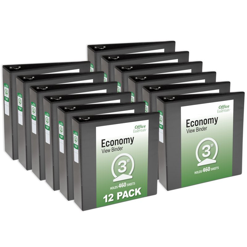 3-Inch Ring Binders for Office & School, 12-Pack, Black, 460 Sheets Capacity