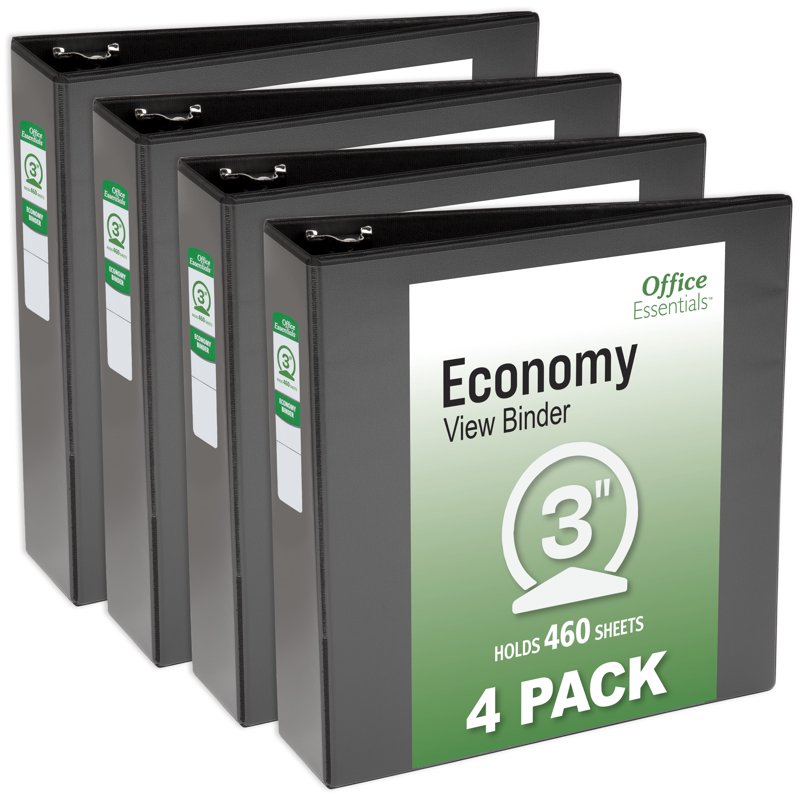 3-Inch Ring Binders 4-Pack - 460 Sheet Capacity, Black Office Organization