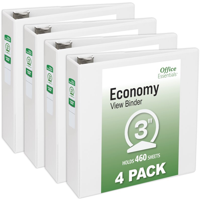 3-Inch Capacity White 3 Ring Binders with View Spine - Pack of 4