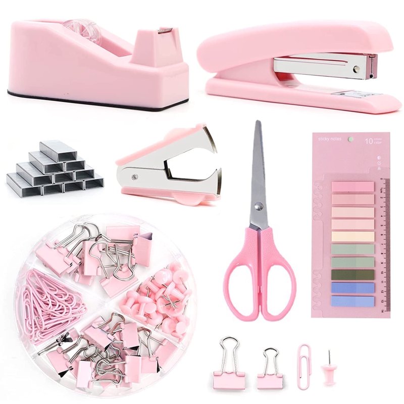 Pink Office Supplies Set with Stapler, Tape Dispenser, Clips & Scissors - Desk Organizer Kit