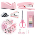 Pink Office Supplies Set with Stapler, Tape Dispenser, Clips & Scissors - Desk Organizer Kit