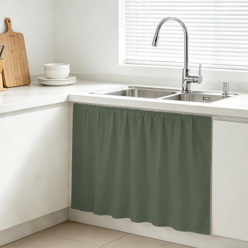Deep Green Kitchen Cabinet Curtain Set with Magic Tape - Rustic Under Sink Privacy Panel