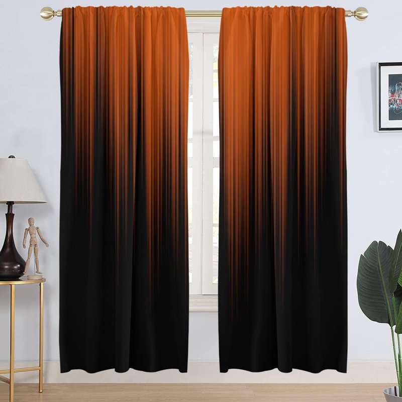 Boho Ombre Window Curtains Set - Orange & Black Gradient, 2 Panels, 42x84 Inches