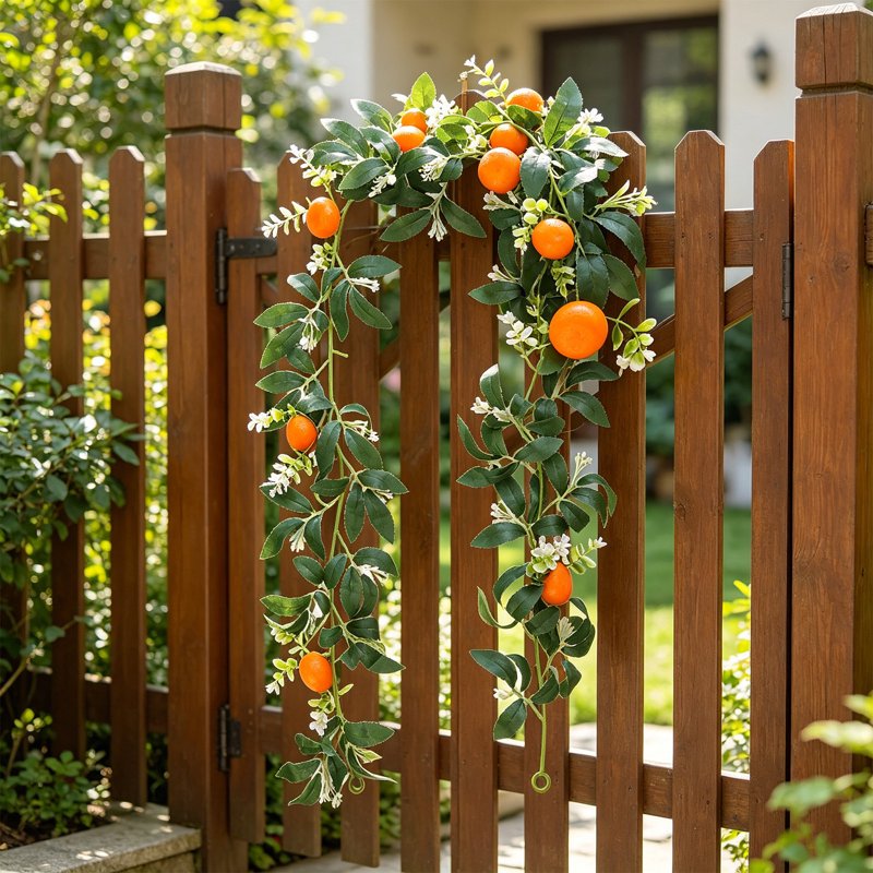 Artificial Orange Fruit Garland 67.7 Inch with White Flowers & Green Leaves - Indoor & Outdoor Decor