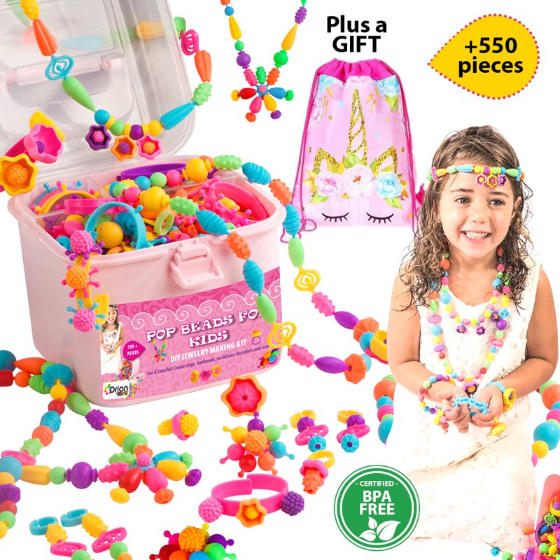 Kids Jewelry Making Kit with 550+ Beads and Storage Bag - Creative Craft Set for Girls