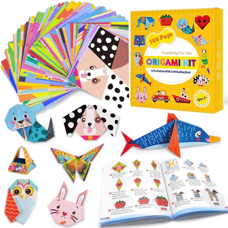 Kids Origami Paper Kit 144 Sheets with 72 Patterns & Guidebook - Colorful Craft Set
