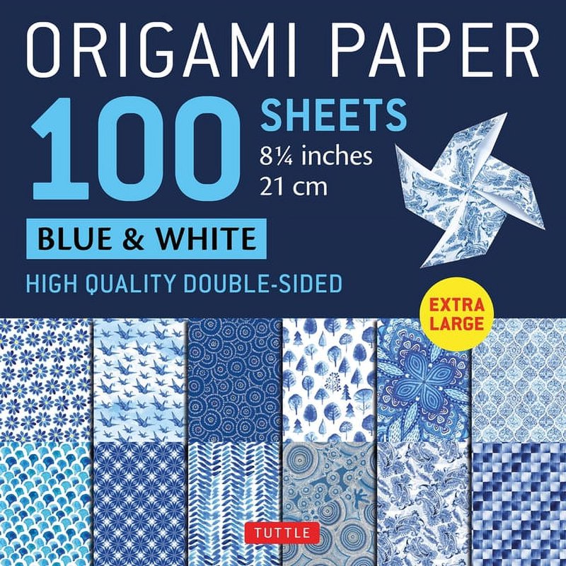 Large Double-Sided Origami Paper Sheets 100 Pack - 12 Designs, Blue & White