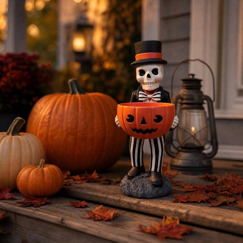 Outdoor Halloween Skeleton Candy Bowl Statue - Resin Pumpkin Dish with Top Hat & Bow Tie, 11 Inch Yard Decor