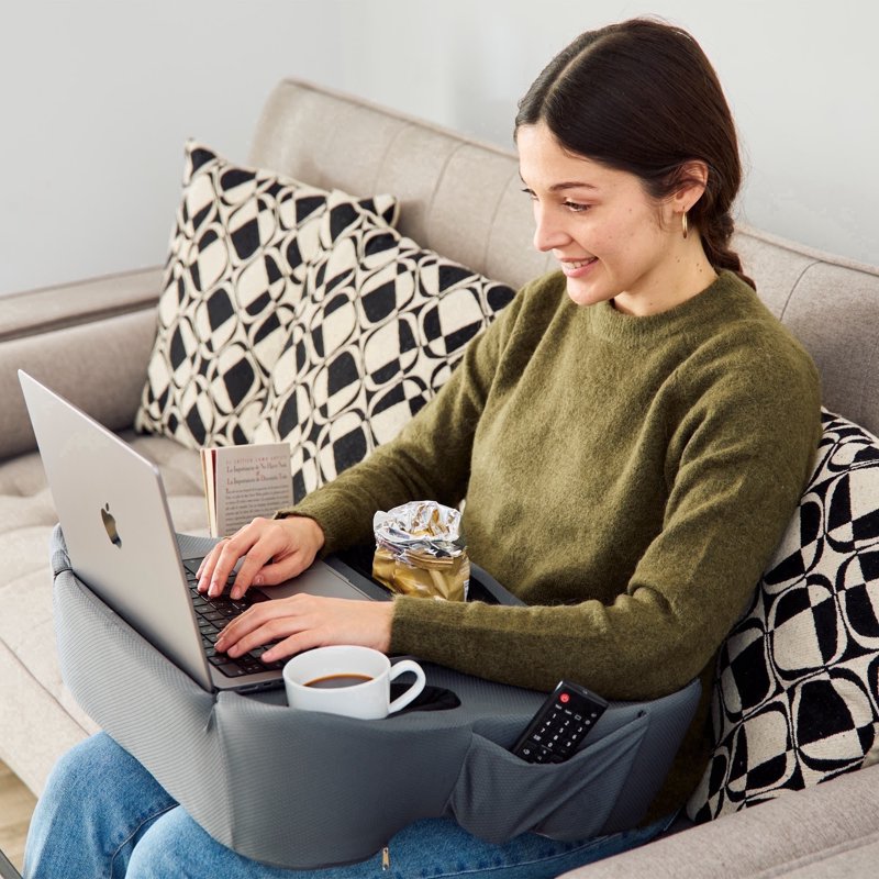Gray 27-Inch Oversized Lap Desk Pillow with Cup Holder & Storage