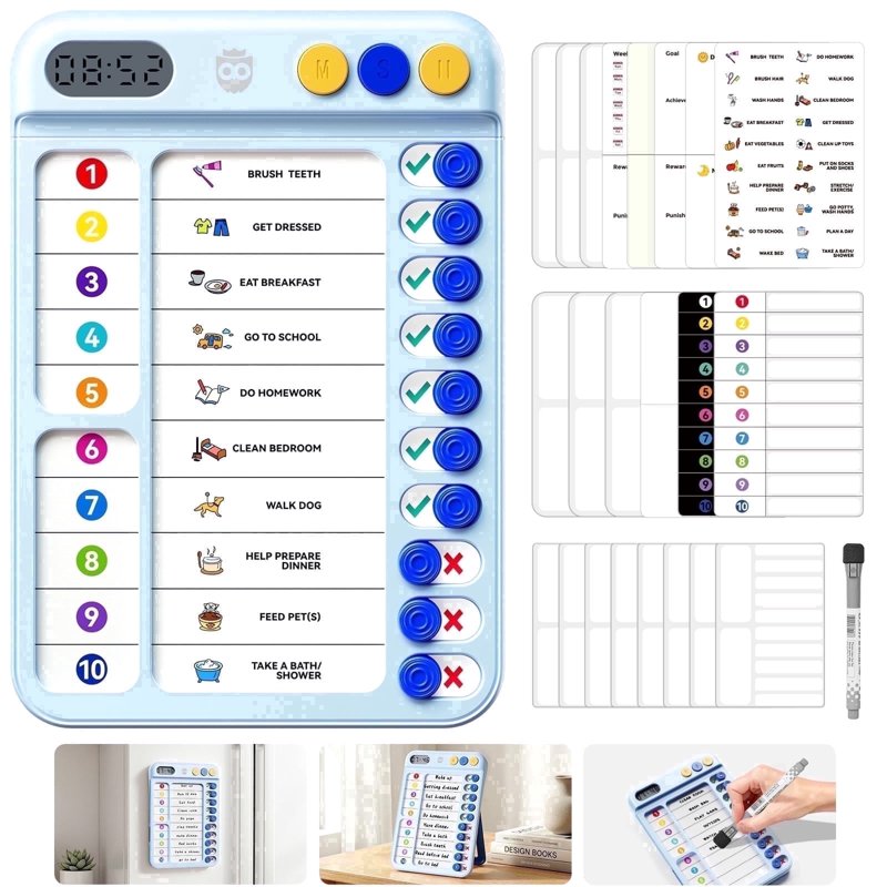 Magnetic Chore Chart with Timer ADHD Visual Schedule Daily Routine Planner