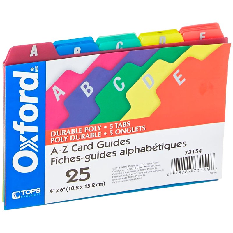 Office Filing Card Guides Alpha 1/5 Tab Polypropylene 4x6 25/Set
