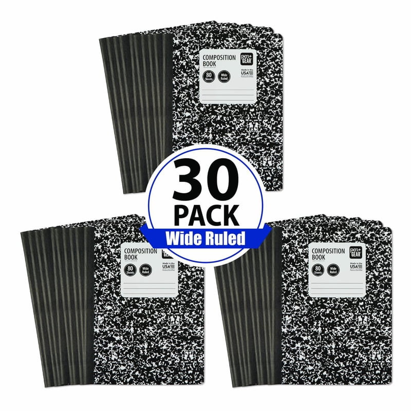 Set of 30 Wide Ruled Composition Books - Black & White Marble Cover, 7.5 x 9.75 Inches