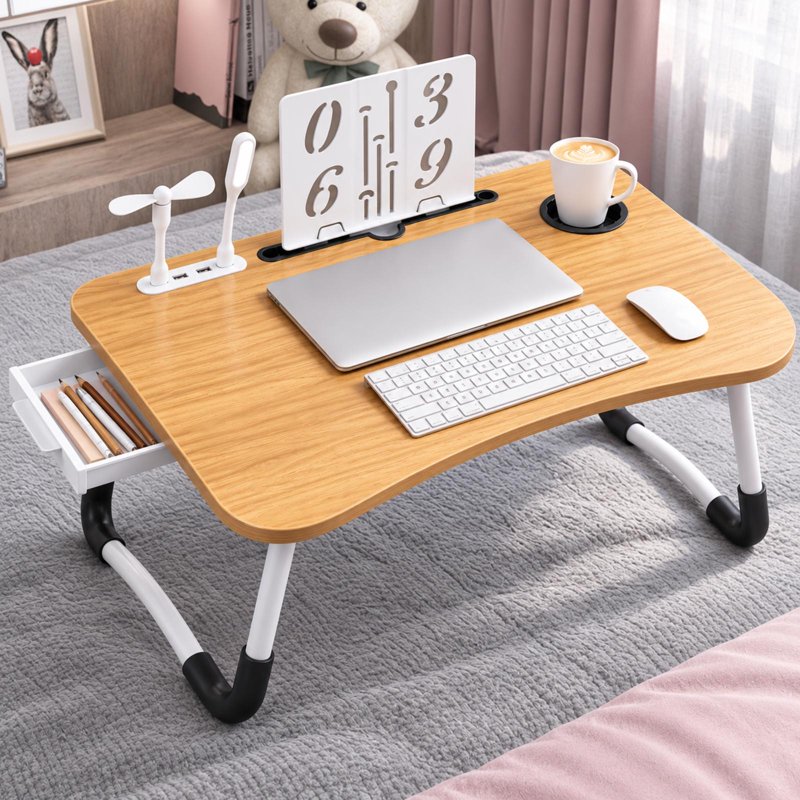 PHANCIR Upgraded Folding Lap Desk with USB Fan & LED Reading Light, 23.6in Walnut