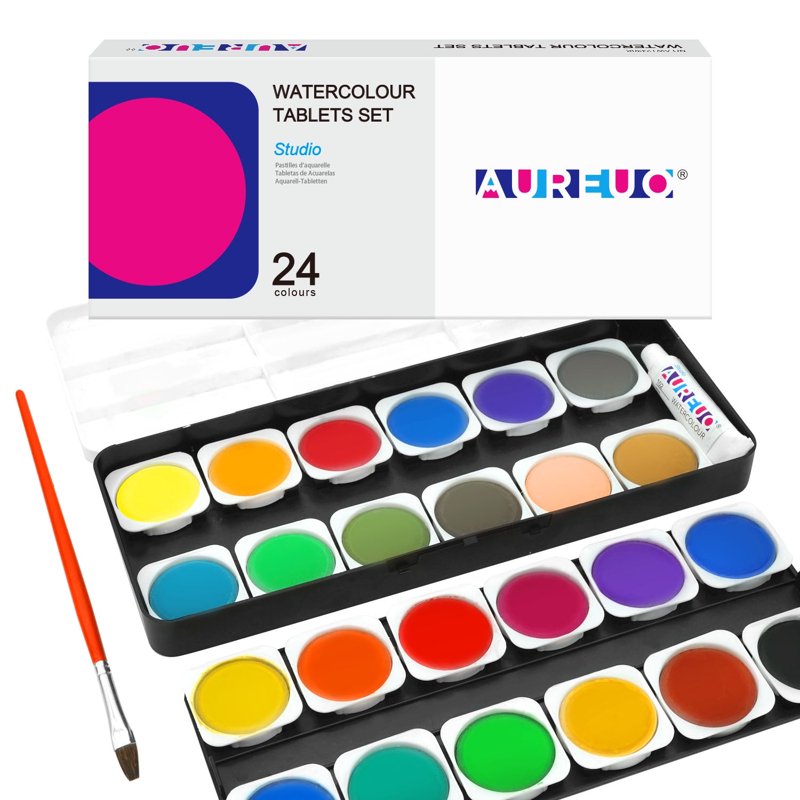Kids Watercolor Paint Set - 24 Vibrant Cakes with Brush & Palette for Beginners & Artists