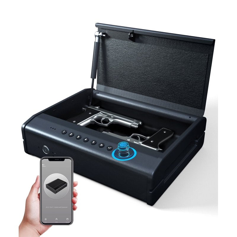 Biometric Gun Safe with Quick Access, Fingerprint, Passcode & App, Heavy Duty Pistol Lock Box