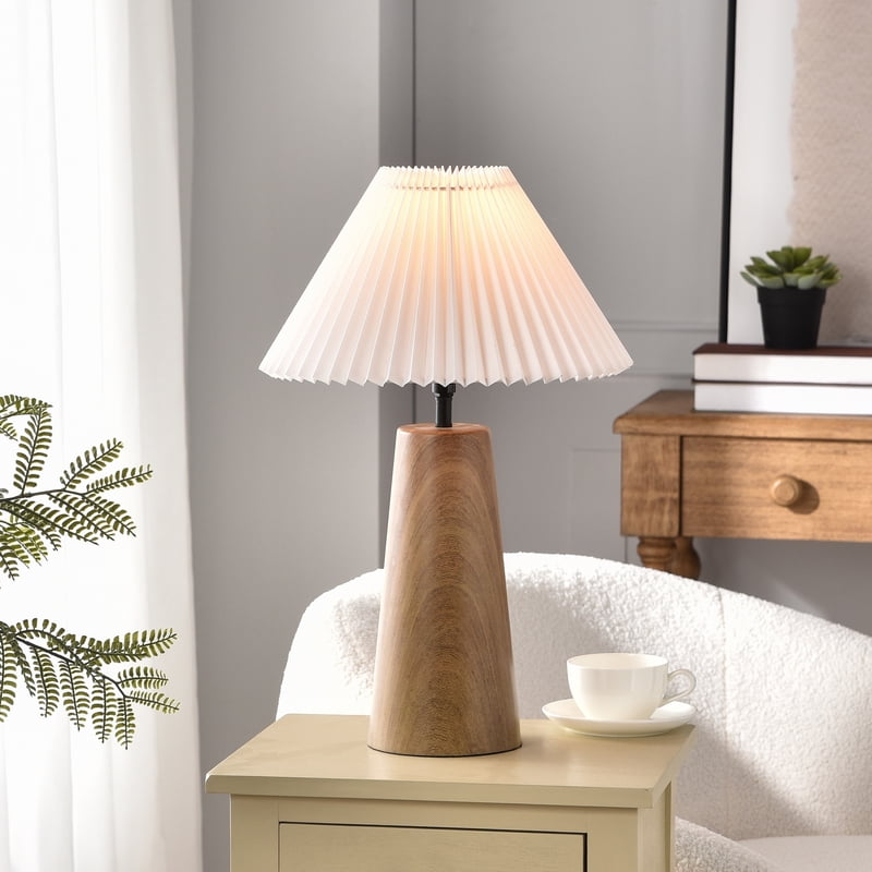 Wood Grain Finish Table Lamp with Pleated Shade - Indoor Accent Lighting