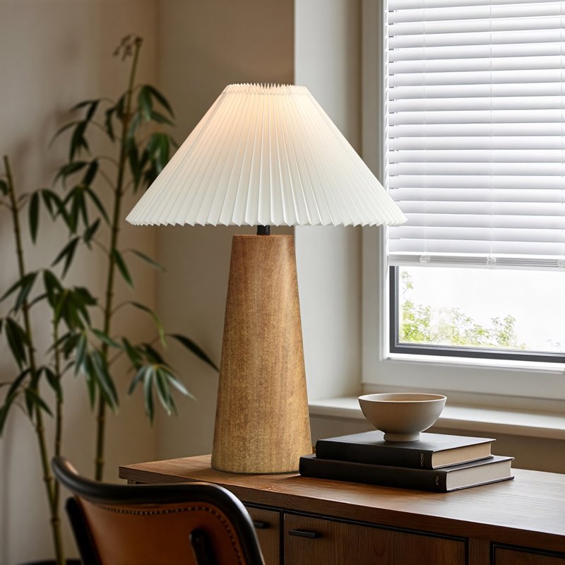 Wood Grain Finish Table Lamp with Pleated Shade - 23 Inch Indoor Decor Light