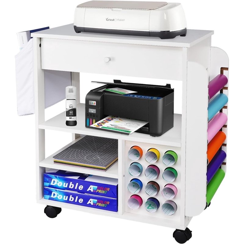 Craft Storage Rolling Cart with Vinyl Roll Holders and Drawer - Mobile Organizer for Cricut and Craft Supplies