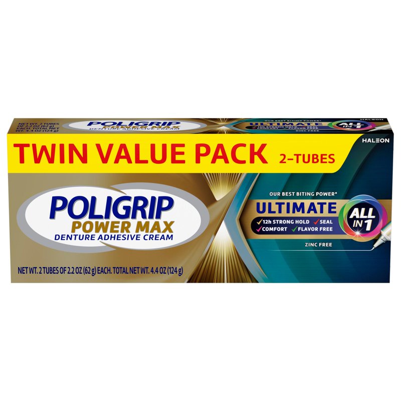 Denture Adhesive Cream All-In-1 Zinc-Free Strong Hold 2.2 Oz Pack