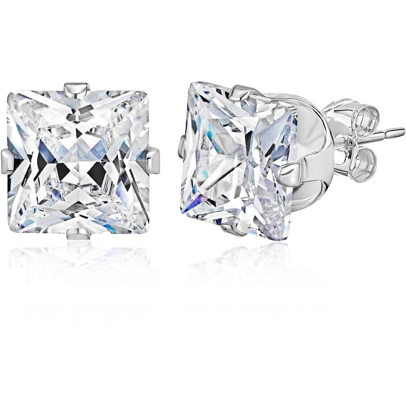 Sterling Silver Princess-Cut CZ Stud Earrings - Hypoallergenic, Gift Ready