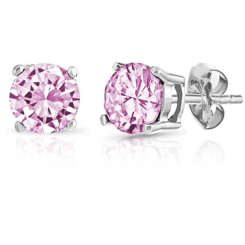 Sterling Silver Gemstone Stud Earrings - Pink Sapphire, White Topaz, Green, Red Variants