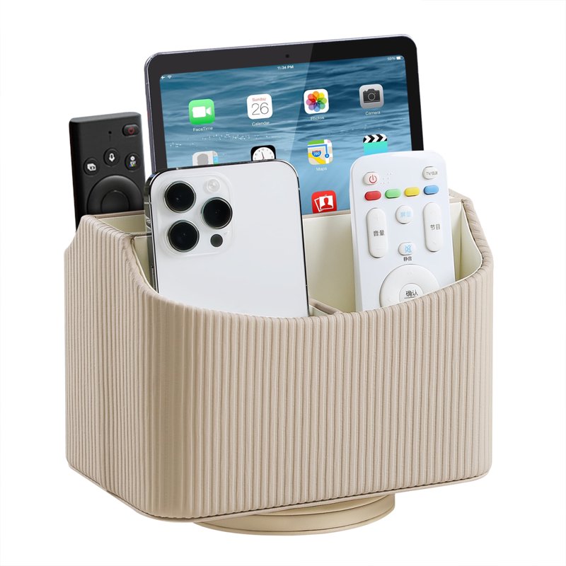 PU Leather Remote Control Holder with 360° Rotating Base - Desk Organizer for Nightstand & Office