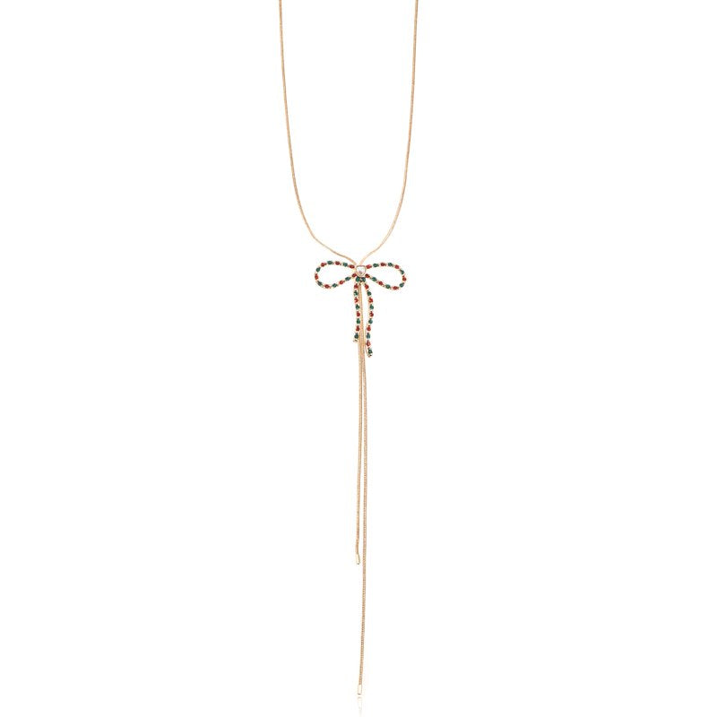 Dainty Bow Lariat Necklace with Sparkling Stones - Goldtone, 16" + 3" Extender