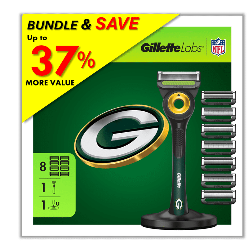 Gillette Razor Bundle with Magnetic Stand & Blade Refills - Packers Gameday
